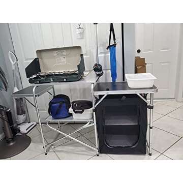 CAMP SOLUTIONS Folding Cooking Table Outdoor Portable Cook Station Aluminum Camping Kitchen with Storage Organizer, Windscreen, Hooks for BBQ, Party (Black)