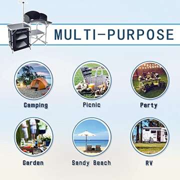 CAMP SOLUTIONS Folding Cooking Table Outdoor Portable Cook Station Aluminum Camping Kitchen with Storage Organizer, Windscreen, Hooks for BBQ, Party (Black)