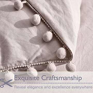 Andency Pom Pom Fringe Duvet Cover King Size (104x90 Inch), 3 Pieces (1 Solid Khaki Duvet Cover, 2 Pillowcases) Soft Washed Microfiber Duvet Cover Set with Zipper Closure, Corner Ties