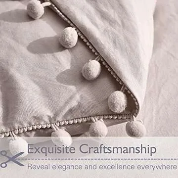 Andency Pom Pom Fringe Duvet Cover King Size (104x90 Inch), 3 Pieces (1 Solid Khaki Duvet Cover, 2 Pillowcases) Soft Washed Microfiber Duvet Cover Set with Zipper Closure, Corner Ties