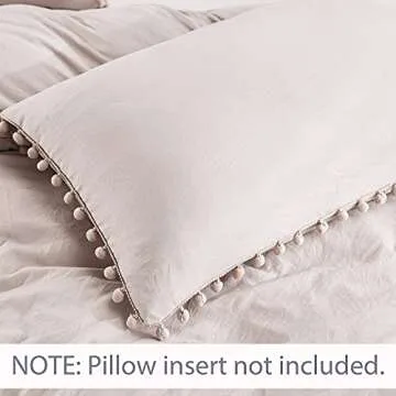 Andency Pom Pom Fringe Duvet Cover King Size (104x90 Inch), 3 Pieces (1 Solid Khaki Duvet Cover, 2 Pillowcases) Soft Washed Microfiber Duvet Cover Set with Zipper Closure, Corner Ties
