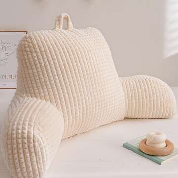 A Nice Night Reading Pillow Bed Wedge Large Adult Children Backrest with Arms Back Support for Sitting Up in Bed/Couch for Lounging Bedrest,Waffle Stereoscopic Design,Ivory
