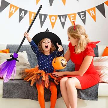 Sumind Halloween Witch Costume Accessory Plastic Witch Broom Kids Black Witch Hat Wizard Flying Broom for Halloween Cosplay(Classic Color,Simple Style)