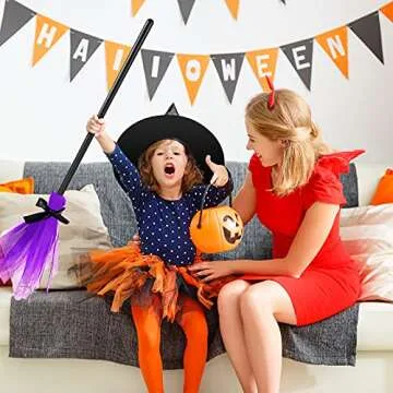 Sumind Halloween Witch Costume Accessory Plastic Witch Broom Kids Black Witch Hat Wizard Flying Broom for Halloween Cosplay(Classic Color,Simple Style)