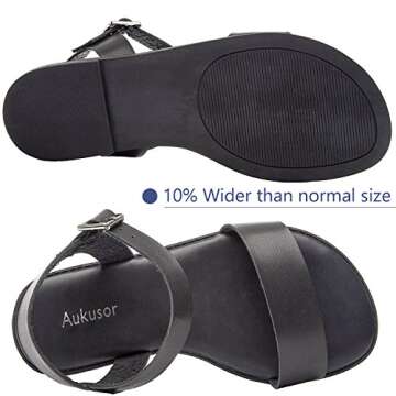 Women's Wide Summer Flat Sandals - Open Toe One Band Ankle Strap Flexible Shoes(180307 Black,9WW)