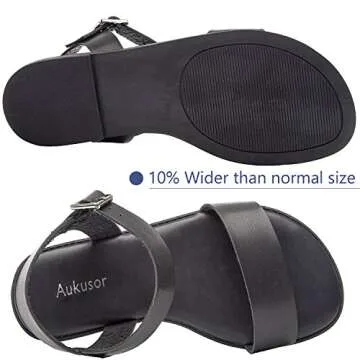 Women's Wide Summer Flat Sandals - Open Toe One Band Ankle Strap Flexible Shoes(180307 Black,9WW)