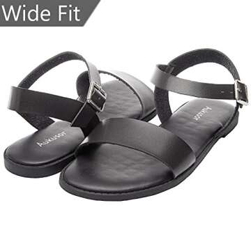 Women's Wide Summer Flat Sandals - Open Toe One Band Ankle Strap Flexible Shoes(180307 Black,9WW)