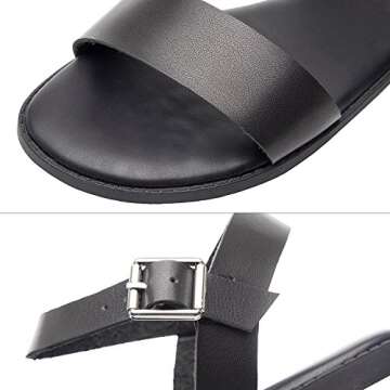 Women's Wide Summer Flat Sandals - Open Toe One Band Ankle Strap Flexible Shoes(180307 Black,9WW)