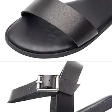 Women's Wide Summer Flat Sandals - Open Toe One Band Ankle Strap Flexible Shoes(180307 Black,9WW)