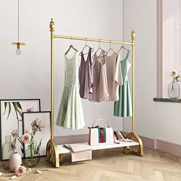 FONECHIN Gold Clothing Rack, Boutique Clothes Rack with Shelf for Display, Heavy Duty Garment Rack for Retail Use (47.24L)