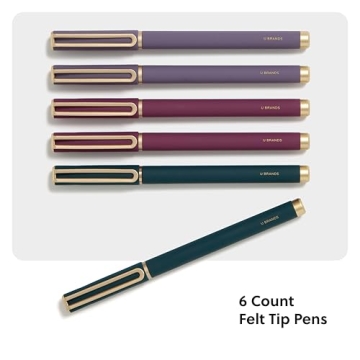 U Brands Catalina Felt Tip Pens, Set of 6, Soft Touch Jewel Tones with Gold Details, Medium (0.7 mm) Point, Black Ink