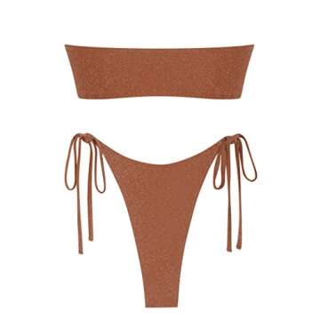 ZAFUL Women's Bandeau Bikini Strapless Two Piece Swimsuit Metallic Sparkly Glitter Swimwear Cutout Bathing Suit Rust Red S