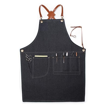 LANDY Adjustable Denim Bib Apron, Work Smock Jean Apron for Men & Women with Pocket & Cross-Back Str...