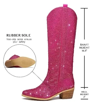GOSERCE Women's Rhinestone Knee High Cowboy Boots Western Over the Knee Cowgirl Tall boots for Ladies Pointed Toe Low Chunky Stacked Heel 5cm Pull On Tabs with Side Zipper Wide Sparkle Glitter Fashion