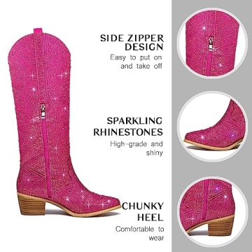 GOSERCE Women's Rhinestone Knee High Cowboy Boots Western Over the Knee Cowgirl Tall boots for Ladies Pointed Toe Low Chunky Stacked Heel 5cm Pull On Tabs with Side Zipper Wide Sparkle Glitter Fashion