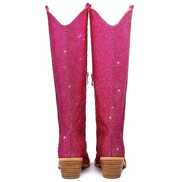 GOSERCE Women's Rhinestone Knee High Cowboy Boots Western Over the Knee Cowgirl Tall boots for Ladies Pointed Toe Low Chunky Stacked Heel 5cm Pull On Tabs with Side Zipper Wide Sparkle Glitter Fashion