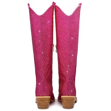 GOSERCE Women's Rhinestone Knee High Cowboy Boots Western Over the Knee Cowgirl Tall boots for Ladies Pointed Toe Low Chunky Stacked Heel 5cm Pull On Tabs with Side Zipper Wide Sparkle Glitter Fashion