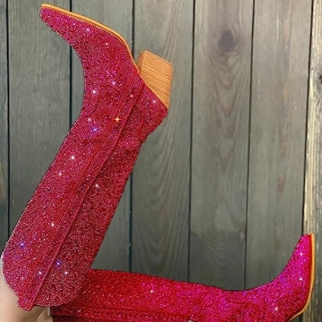 GOSERCE Women's Rhinestone Knee High Cowboy Boots Western Over the Knee Cowgirl Tall boots for Ladies Pointed Toe Low Chunky Stacked Heel 5cm Pull On Tabs with Side Zipper Wide Sparkle Glitter Fashion