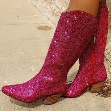 GOSERCE Women's Rhinestone Knee High Cowboy Boots Western Over the Knee Cowgirl Tall boots for Ladies Pointed Toe Low Chunky Stacked Heel 5cm Pull On Tabs with Side Zipper Wide Sparkle Glitter Fashion