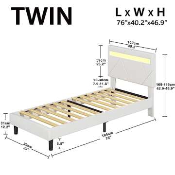 LIKIMIO Twin Bed Frame with LED Lights(Smart APP Control), Upholstered Modern Platform Bed Frame, No...