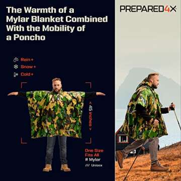 PREPARED4X Emergency Poncho with Mylar Blanket Liner – Heavy Duty, Waterproof, Wind-Resistant Green Rain Poncho for Outdoors, Camping, and Car Emergency Kits - Thermal Poncho - 4 Pack (Green Camo)