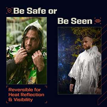 PREPARED4X Emergency Poncho with Mylar Blanket Liner – Heavy Duty, Waterproof, Wind-Resistant Green Rain Poncho for Outdoors, Camping, and Car Emergency Kits - Thermal Poncho - 4 Pack (Green Camo)