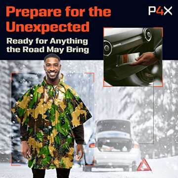 PREPARED4X Emergency Poncho with Mylar Blanket Liner – Heavy Duty, Waterproof, Wind-Resistant Green Rain Poncho for Outdoors, Camping, and Car Emergency Kits - Thermal Poncho - 4 Pack (Green Camo)