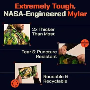 PREPARED4X Emergency Poncho with Mylar Blanket Liner – Heavy Duty, Waterproof, Wind-Resistant Green Rain Poncho for Outdoors, Camping, and Car Emergency Kits - Thermal Poncho - 4 Pack (Green Camo)