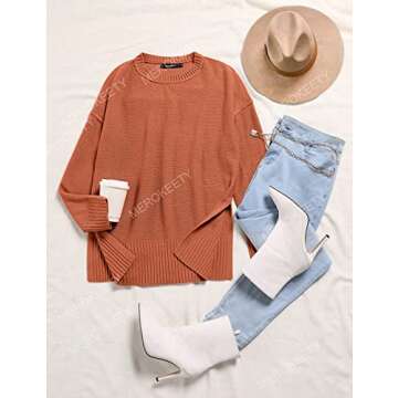 MEROKEETY Women's 2024 Fall Casual Crew Neck Side Split Pullover Sweater Loose Long Sleeve Jumper Top, Orange, XL