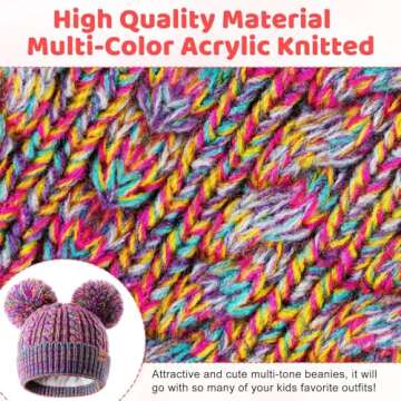 Winter Hat for Kids Toddler Children, Girls Beanie with Double Pom Pom Warm Thick Thermal Fleece Lined, Girls Accessories Cute Knit Beanies Cap for Cold Weather(Rainbow)