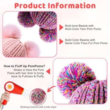 Winter Hat for Kids Toddler Children, Girls Beanie with Double Pom Pom Warm Thick Thermal Fleece Lined, Girls Accessories Cute Knit Beanies Cap for Cold Weather(Rainbow)