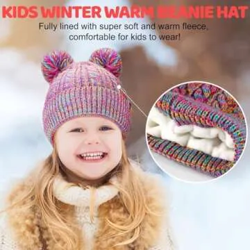 Winter Hat for Kids Toddler Children, Girls Beanie with Double Pom Pom Warm Thick Thermal Fleece Lined, Girls Accessories Cute Knit Beanies Cap for Cold Weather(Rainbow)