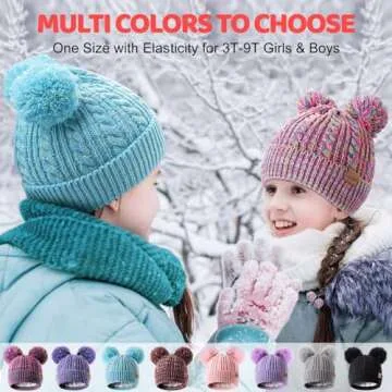 Winter Hat for Kids Toddler Children, Girls Beanie with Double Pom Pom Warm Thick Thermal Fleece Lined, Girls Accessories Cute Knit Beanies Cap for Cold Weather(Rainbow)