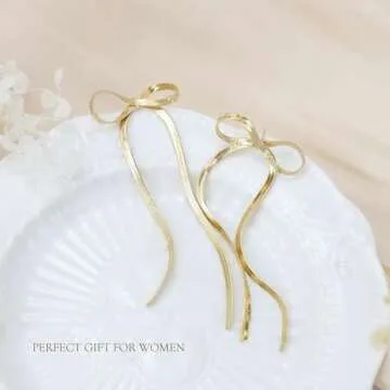 RMMD Gold Earrings for Women, Bow Earrings 18K Gold Plated Bow Dangle Earrings Gold Earrings for Women Trendy Drop Dangly Earrings Statement Prom Earrings Earings Aretes para Mujer Gold Jewelry Gifts