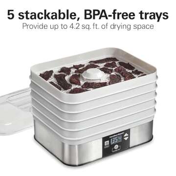 Hamilton Beach Digital Food Dehydrator for Fruit and Jerky, Vegetables and More, 5 Trays, Adjustable Temperature, 48 Hour Timer + Auto Shutoff, Grey (32100A)