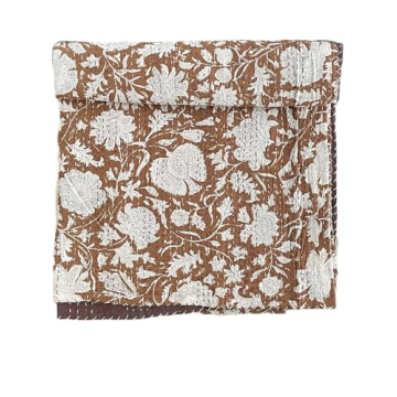 Hippie Floral Handblock Handmade Cotton Kantha Quilt - Bohemian Style Decorative Throw Blanket for K...