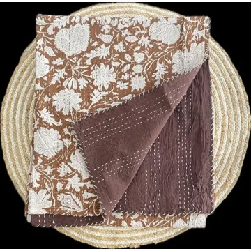 Hippie Floral Handmade Kantha Quilt - Vintage Throw Blanket