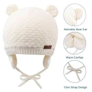 XIAOHAWANG Baby Hat Cute Bear Toddler Earflap Beanie Warm for Fall Winter (A-Set Grey+White+Navy, S(0-6 Months))