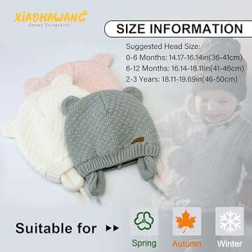 XIAOHAWANG Baby Hat Cute Bear Toddler Earflap Beanie Warm for Fall Winter (A-Set Grey+White+Navy, S(0-6 Months))