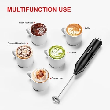 Bonsenkitchen Powerful Milk Frother for Coffee, Fast Handheld Drink Mixer with Stainless Steel Whisk, Battery Operated Hand Frother Stirrer Wand-Black