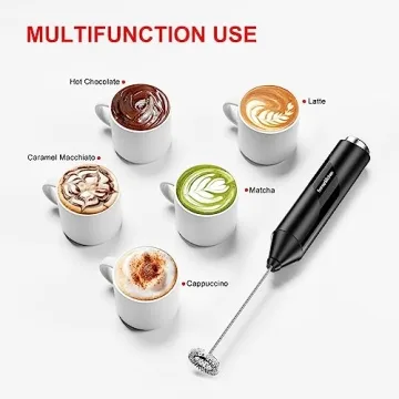 Bonsenkitchen Powerful Milk Frother for Coffee, Fast Handheld Drink Mixer with Stainless Steel Whisk, Battery Operated Hand Frother Stirrer Wand-Black