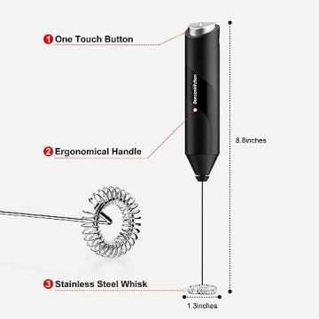 Bonsenkitchen Powerful Milk Frother for Coffee, Fast Handheld Drink Mixer with Stainless Steel Whisk, Battery Operated Hand Frother Stirrer Wand-Black