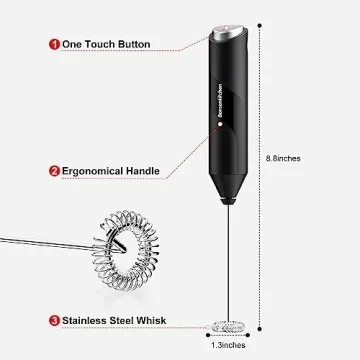 Bonsenkitchen Powerful Milk Frother for Coffee, Fast Handheld Drink Mixer with Stainless Steel Whisk, Battery Operated Hand Frother Stirrer Wand-Black