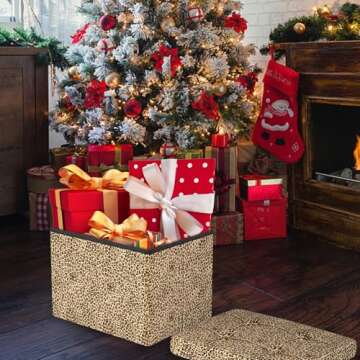 eMOUSE Storage Ottoman Bench Foldable Footrest Stool Seat for Bedroom and Living Room Small Bench Foot Stool Rectangle Cube Leopard L17W13H13IN…