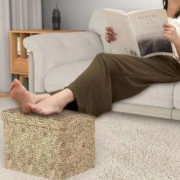 eMOUSE Storage Ottoman Bench Foldable Footrest Stool Seat for Bedroom and Living Room Small Bench Foot Stool Rectangle Cube Leopard L17W13H13IN…