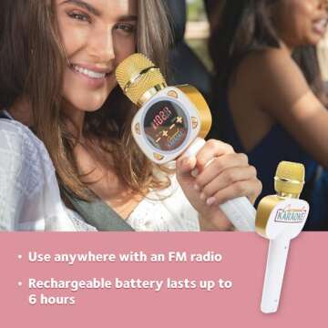 Carpool Karaoke Machine for Kids & Adults, Carpool Karaoke The Mic 1.0 by Singing Machine - Wireless & Bluetooth Karaoke Microphone with Mic Volume, Echo Controls as White Elephant Gift, Gold & White