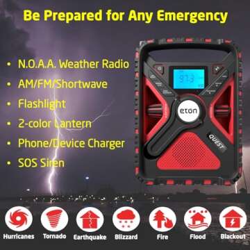 Eton Quest Hand Crank NOAA Weather Radio, All Band Emergency Radio, AM/FM Shortwave Storm Radio, Bluetooth, Ambient Light, Phone Charger, RDS, Solar, Flashlight, Camping, Hiking