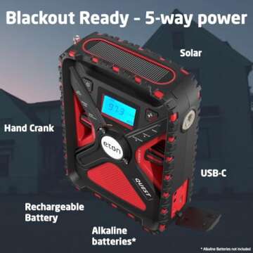 Eton Quest Hand Crank NOAA Weather Radio, All Band Emergency Radio, AM/FM Shortwave Storm Radio, Bluetooth, Ambient Light, Phone Charger, RDS, Solar, Flashlight, Camping, Hiking