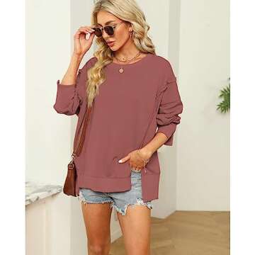 Hixiaohe Women's Oversized Crewneck Sweatshirts Casual Long Sleeve Side Split Pullover Tops Fall Slouchy Hoodie(Red Brown,S)