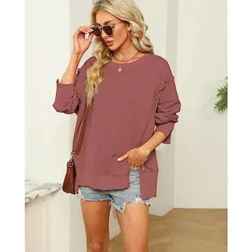 Hixiaohe Women's Oversized Crewneck Sweatshirts Casual Long Sleeve Side Split Pullover Tops Fall Slouchy Hoodie(Red Brown,S)